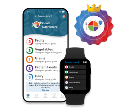 Phone with MyPlate App open, and smart watch with MyPlate Dashboard