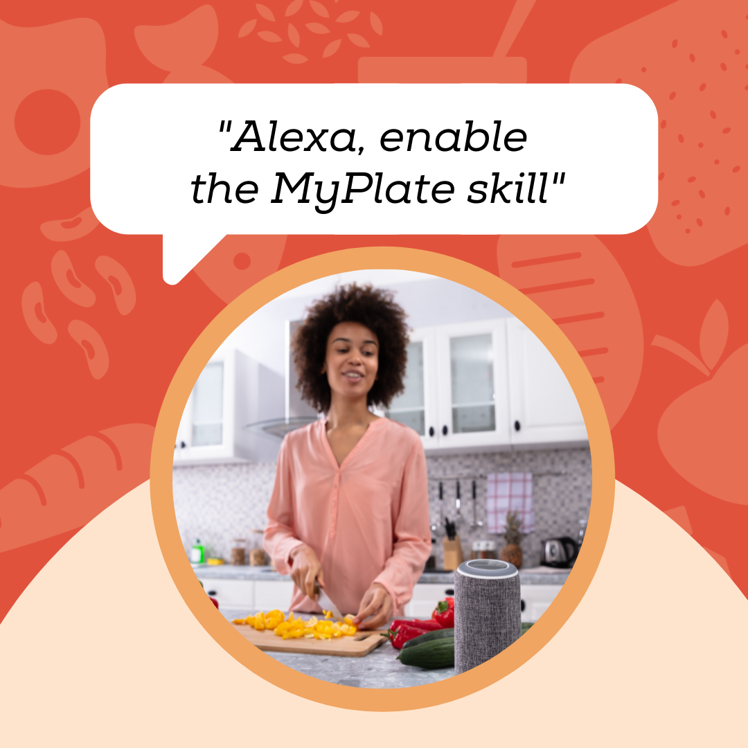 woman cutting vegetables while she talks to Alexa