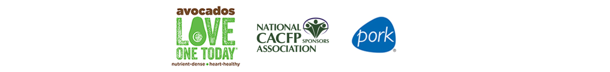 text logos for the Hass Avocado Board, National CACFP Sponsors Association, and National Pork Board