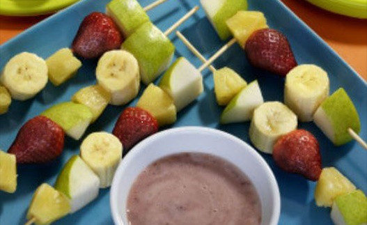 Pear Kabobs on skewers with Strawberry Dipping Sauce