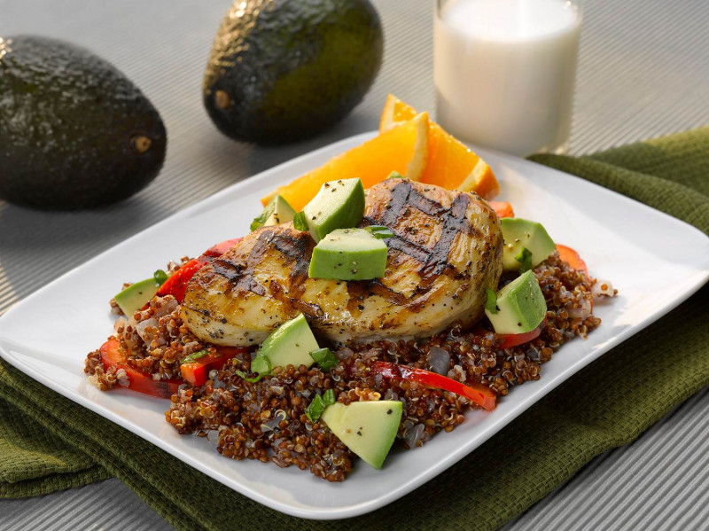 Grilled Chicken and Avocado Quinoa Pilaf on a plate