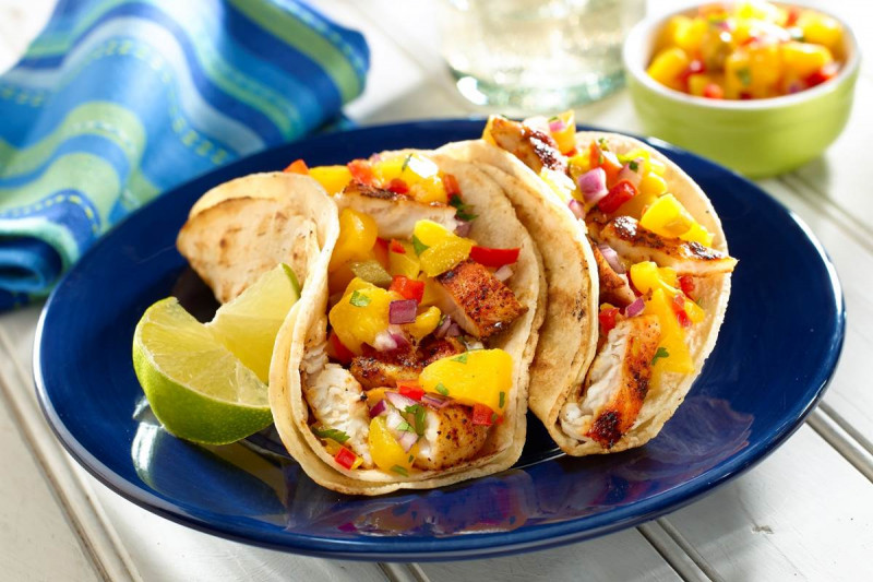 Grilled Fish Tacos with Peach Salsa on a plate