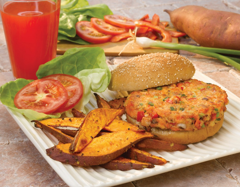 Salmon Burgers and Sweet Potato Oven Fries on a plate