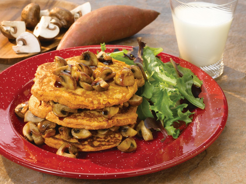 Sweet Potato Pancakes with Balsamic Maple Mushrooms on a plate