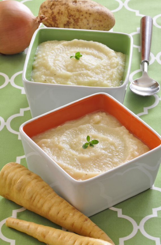 square bowl of parsnip soup