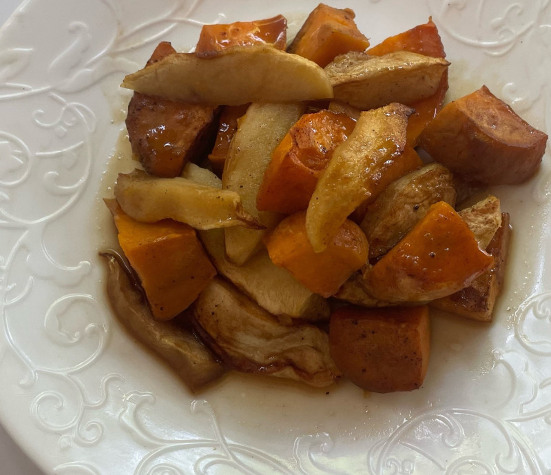 baked apples and sweet potatoes on a plate