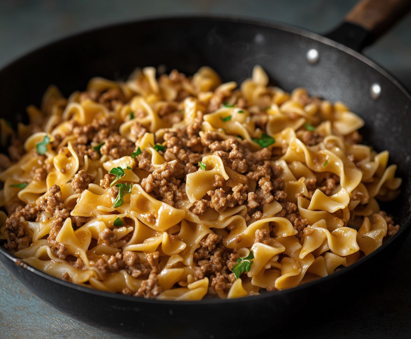 Image of Beef & Noodles Recipe in a skillet.