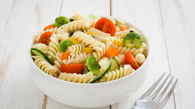 Image of Tangy Crisp Vegetable and Pasta Salad Recipe in a bowl