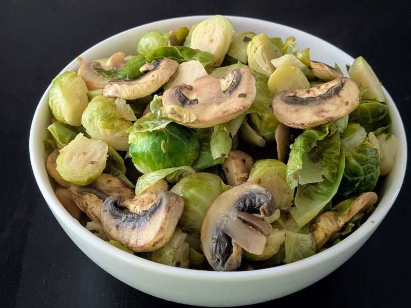 Image of Brussels Sprouts with Mushroom Sauce in a bowl