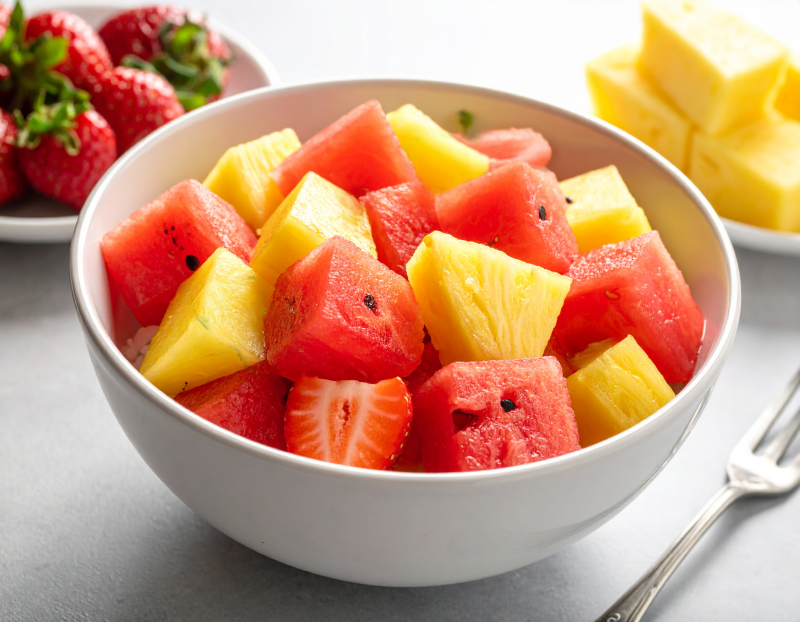 Image of Strawberries, Watermelon, and Pineapple Salad recipe in a bowl