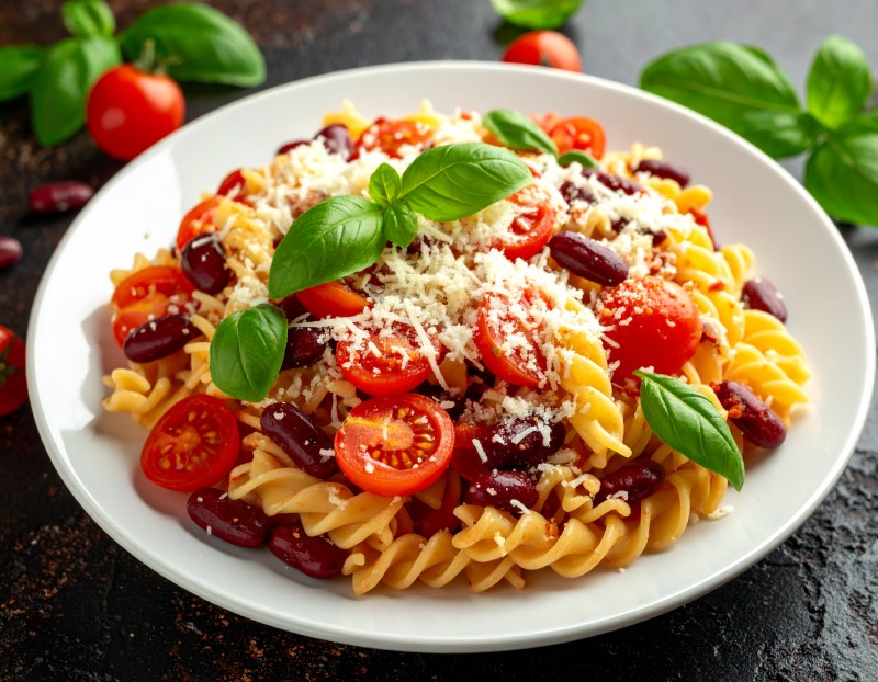 Image of Tomato Basil and Bean Pasta Salad recipe on plate.