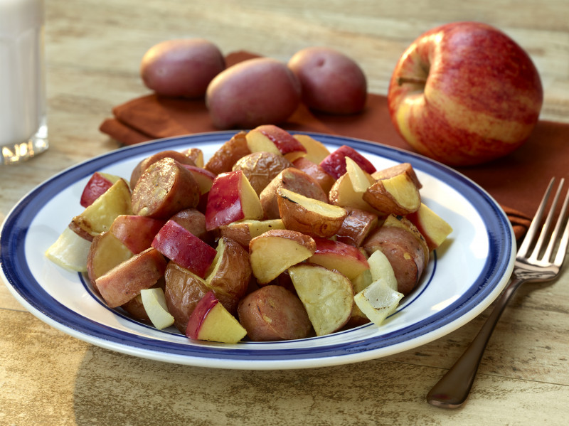 One-Dish Roasted Potatoes and Apples with Chicken Sausage on a plate