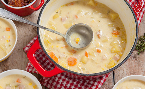 pot filled with Cheese and Corn Chowder