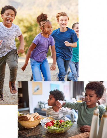 group of diverse children running, 2 kids eating salad