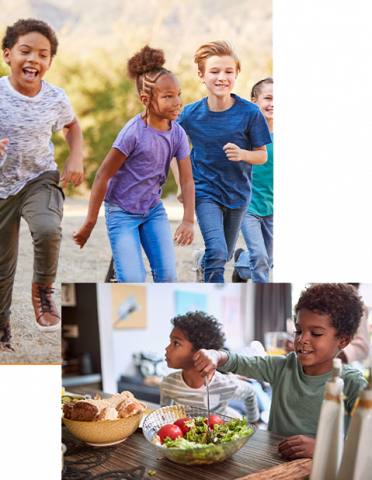 two pictures: the first picture is a group of children running, and the second picture is of kids eating salad