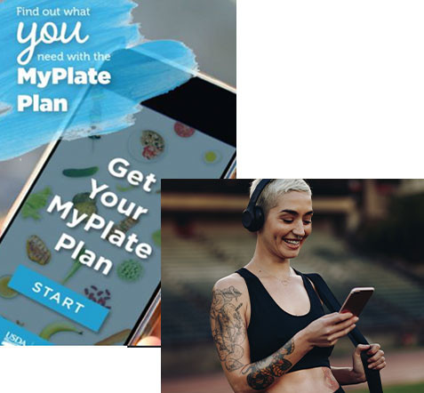 two images: the first is a screenshot of a phone that has the MyPlate Plan opening screen, the second is a picture of a woman dressed in exercise gear and looking at her cell phone