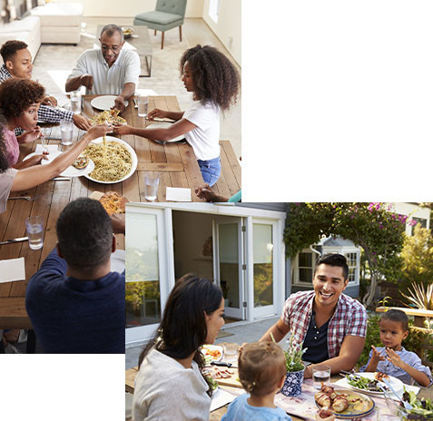 two separate pictures of families eating together