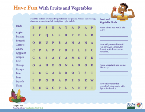 fruits and veggies word search activity sheet