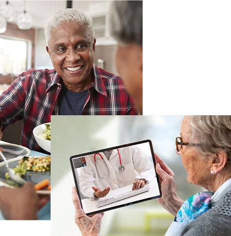 two images: the first one is an older man eating dinner and smiling, the second is a woman looking at a tablet that has a medical theme showing