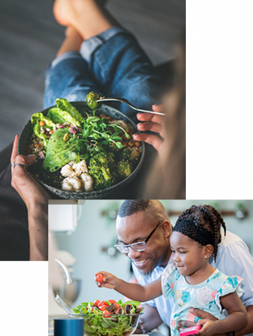 bowl of salad and father and daughter making a salad