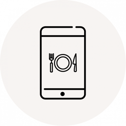 icon of a smart phone showing a plate fork and knife