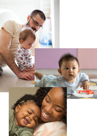 collage of images, white dad and sitting white baby, asian baby on tummy, black mom smiling with baby on chest 