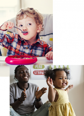 little white boy eating and father with baby daughter