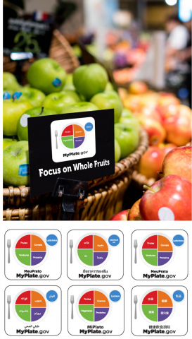 MyPlate sign on fruit with collage of MyPlate icon in multiple languages