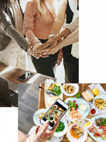 two images: the first is of multiple people in for team huddle hands stacked on top of each other, the second image is a smart phone taking a picture of food on the table