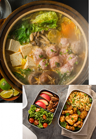 two images: one of a pho soup and a second image of food in small metal boxes called bento boxes