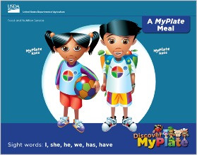 team nutrition myplate ebook cover, young boy and girl cartoon