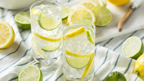 Glasses with seltzer water and lemon and lime slices