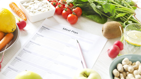 image of a meal plan worksheet surrounded by food