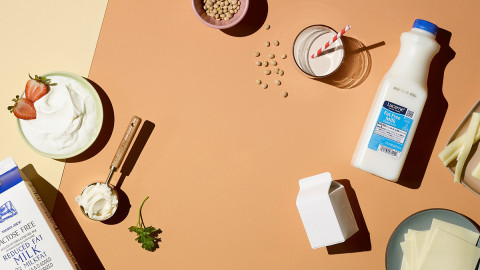 Dairy foods spread out on a table