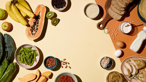 Various foods spread out on a table