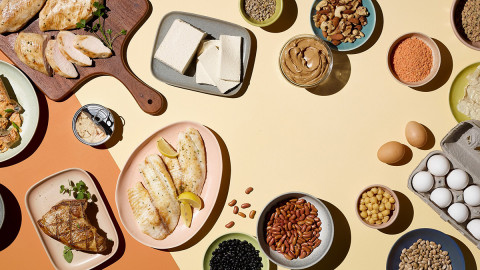 Protein foods spread out on a table