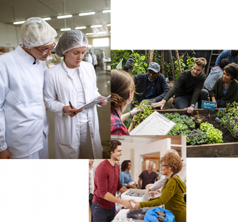 a group of pictures of two factory workers, a group of gardeners, and volunteers at a food drive