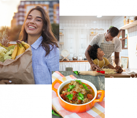 woman with grocery bag, dad cooking with son, beef stew orange bowl