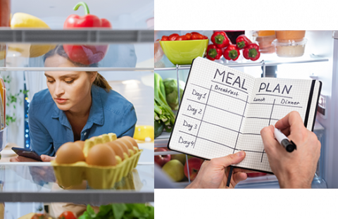 woman looking in fridge and person writing meal plan in notebook