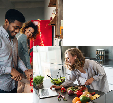 young woman on laptop computer, black young couple chopping vegetables