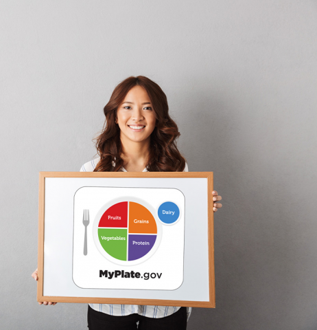 young asian woman holding myplate logo