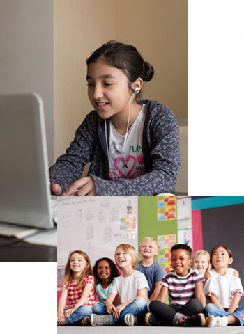 young girl on computer and group of children in classroom