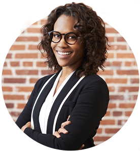 picture of a young professional woman wearing black suit and glasses