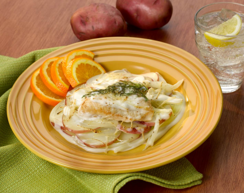 Scalloped Potatoes and Chicken with Fennel on a plate