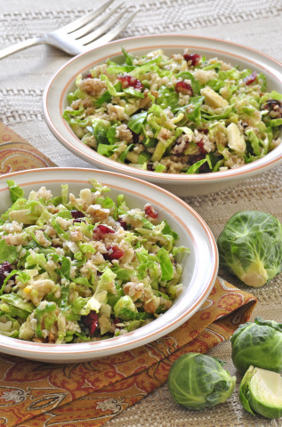 Brussels sprouts, cranberry, and bulgur salad in bowls