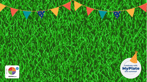 MyPlate Birthday teleconference background with grass and party streamers