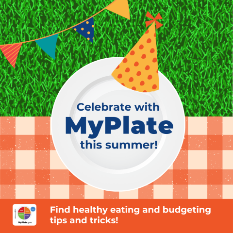 MyPlate Turns 11 graphic with a plate with a birthday hat on it and a summer theme