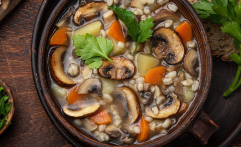 Mushroom Barley Soup in a pot