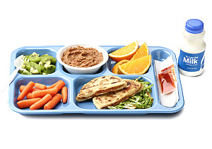 picture of a school lunch tray filled with food