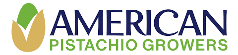 text logo for the American Pistachio Growers that also contains a cartoon image of a pistachio
